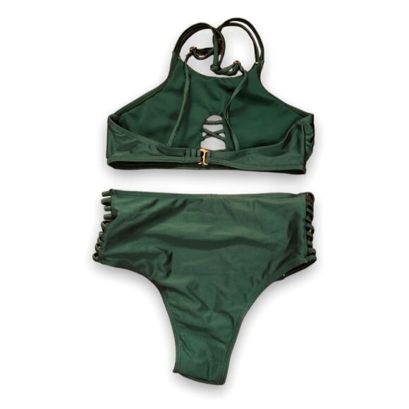 Tinibikini Green High Neck High Waist Strappy Bikini Set US XS - Picture 2 of 6